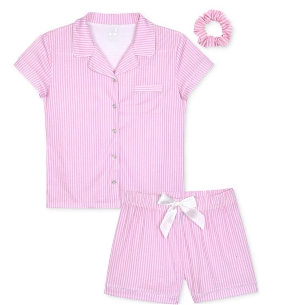 Adorable Pink Striped Kids Pajama Set with Scrunchie